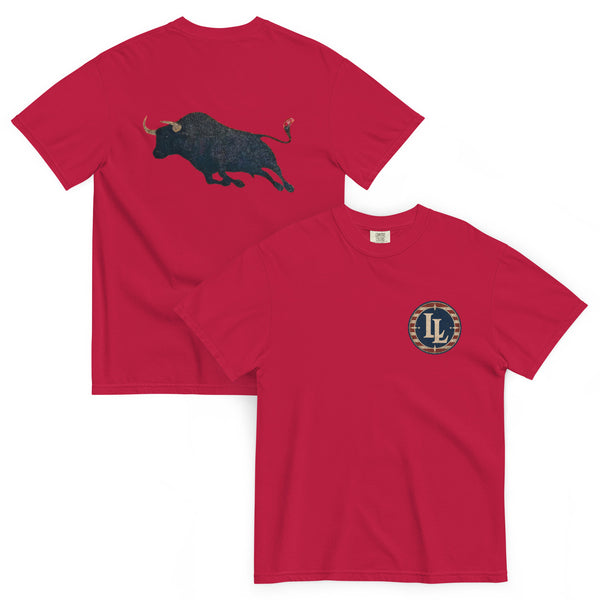 Lucky Lindy's Bull Fight garment-dyed heavyweight tee in Red (front and back)