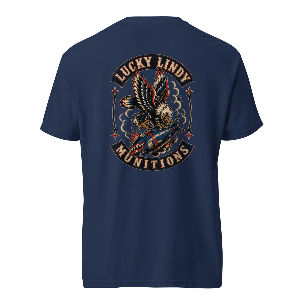 Lucky Lindy's Munitions garment-dyed heavyweight tee in True Navy (back)