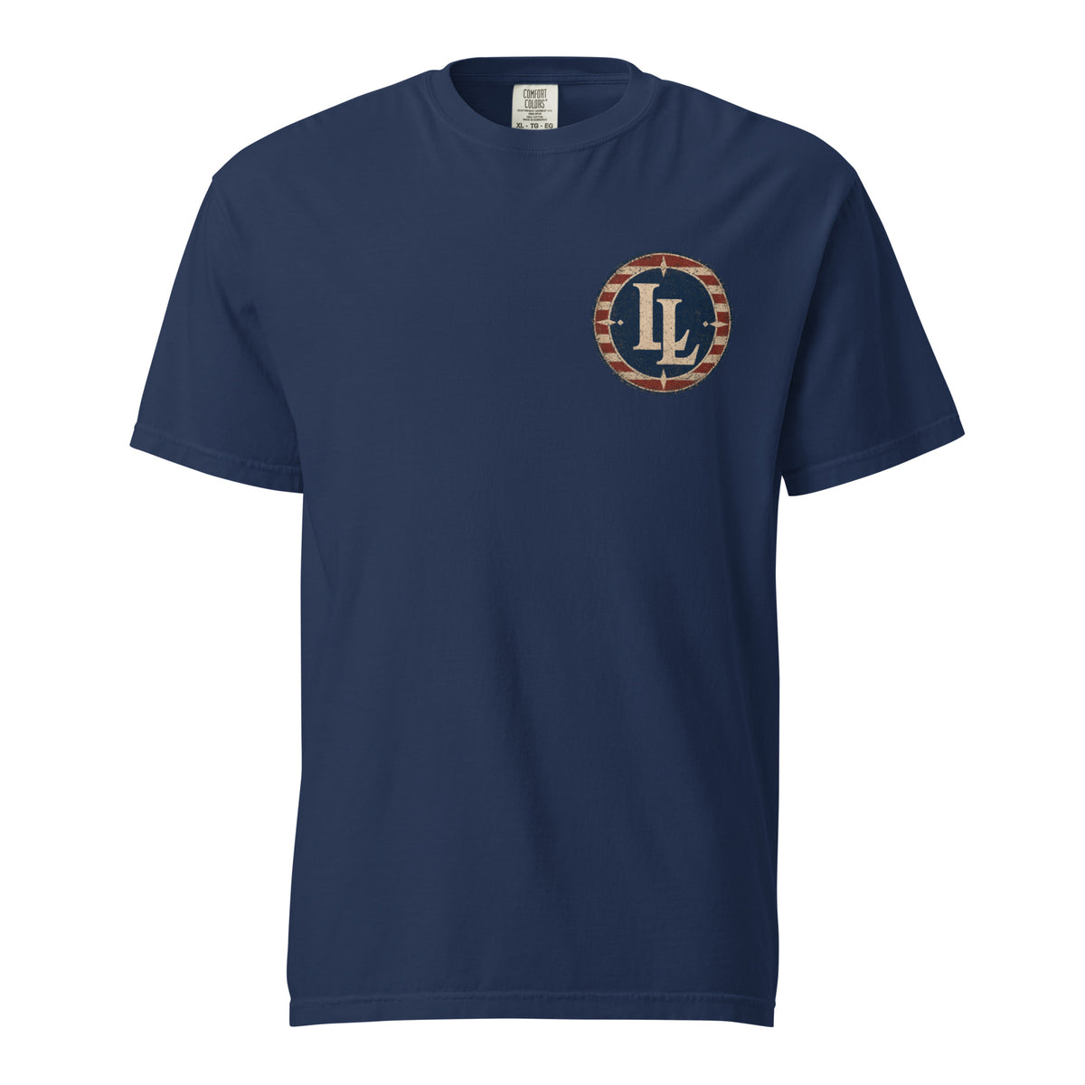 Lucky Lindy's Munitions garment-dyed heavyweight tee in True Navy (front)