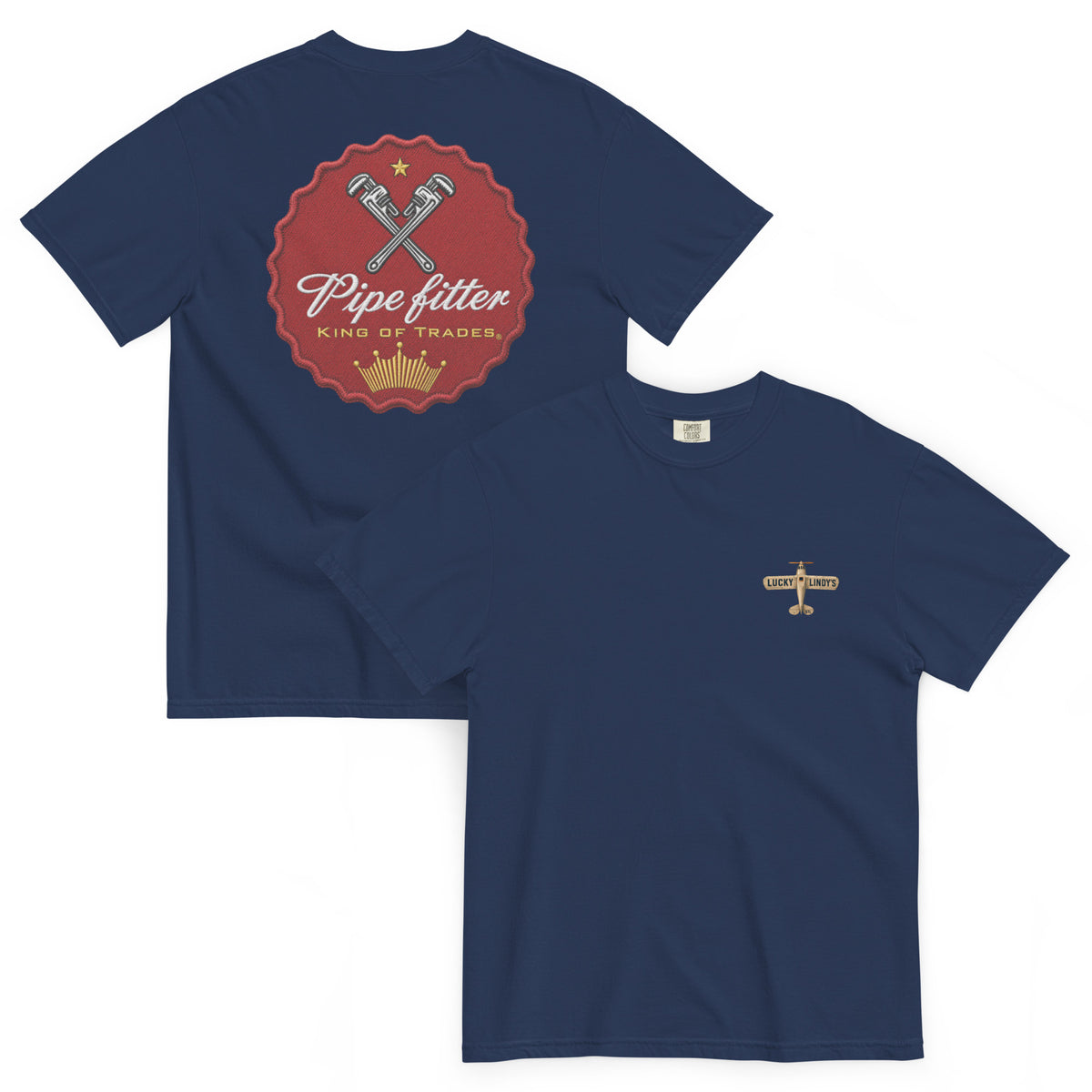 Lucky Lindy's Give 'Em The Wrench garment-dyed heavyweight tee in True Navy (front and back)