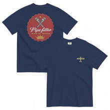 Lucky Lindy's Give 'Em The Wrench garment-dyed heavyweight tee in True Navy (front and back)