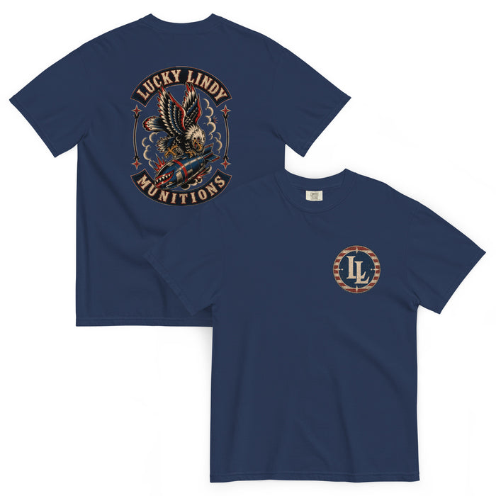 Lucky Lindy's Munitions garment-dyed heavyweight tee in True Navy (front and back)