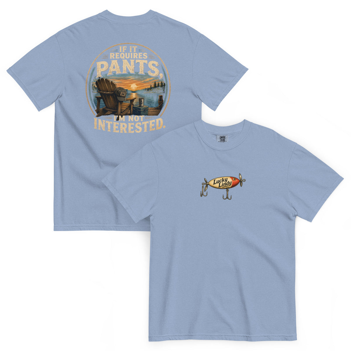 Lucky Lindy's No Pants garment-dyed heavyweight tee in Washed Denim (front and back)