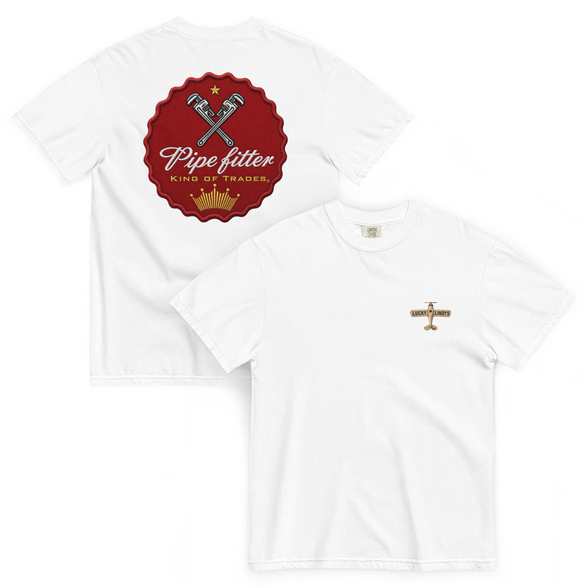 Lucky Lindy's Give 'Em The Wrench garment-dyed heavyweight tee in White (front and back)