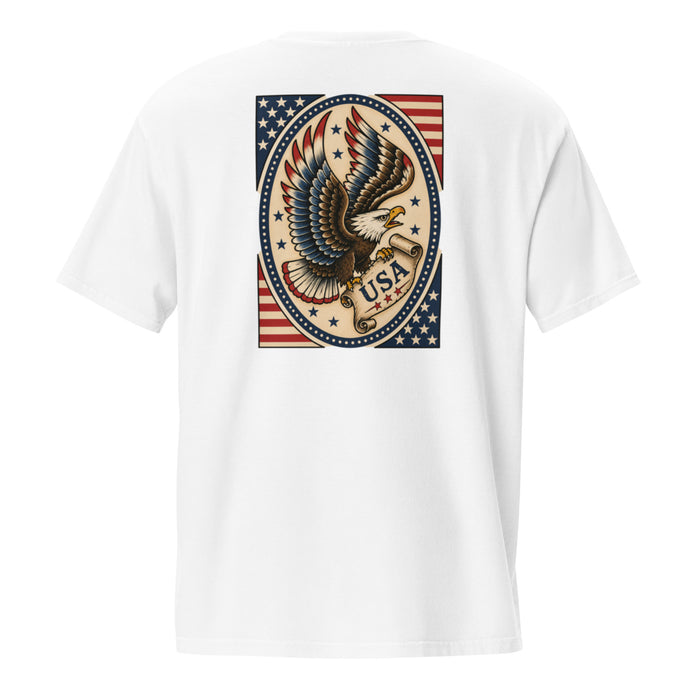 Lucky Lindy's USA Eagle Tattoo garment-dyed pocket tee in White (back)